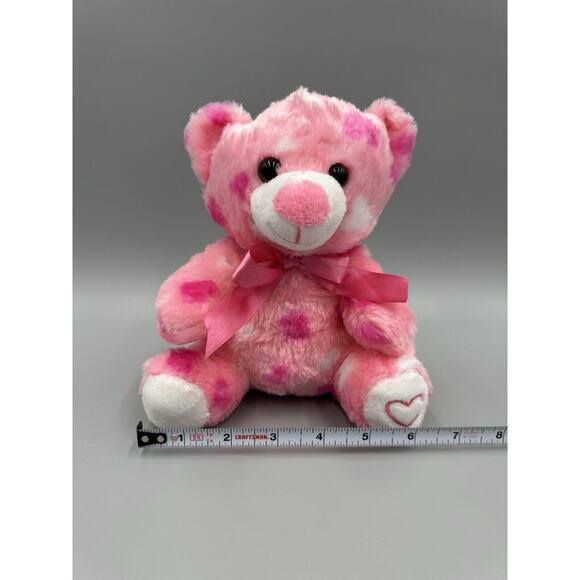 Pink Teddy Bear Plush 7” Stuffed Animal W/ Hearts & Ribbon Bow Tie - Picture 4 of 7